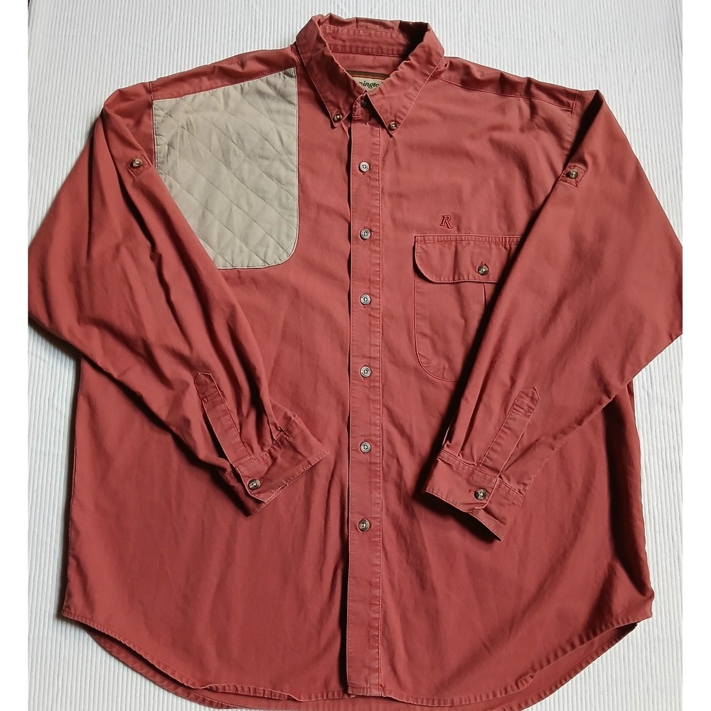 Remington Mens XL Shooting Shirt Red Cotton Quilted Shoulder Roll Tab Sleeve